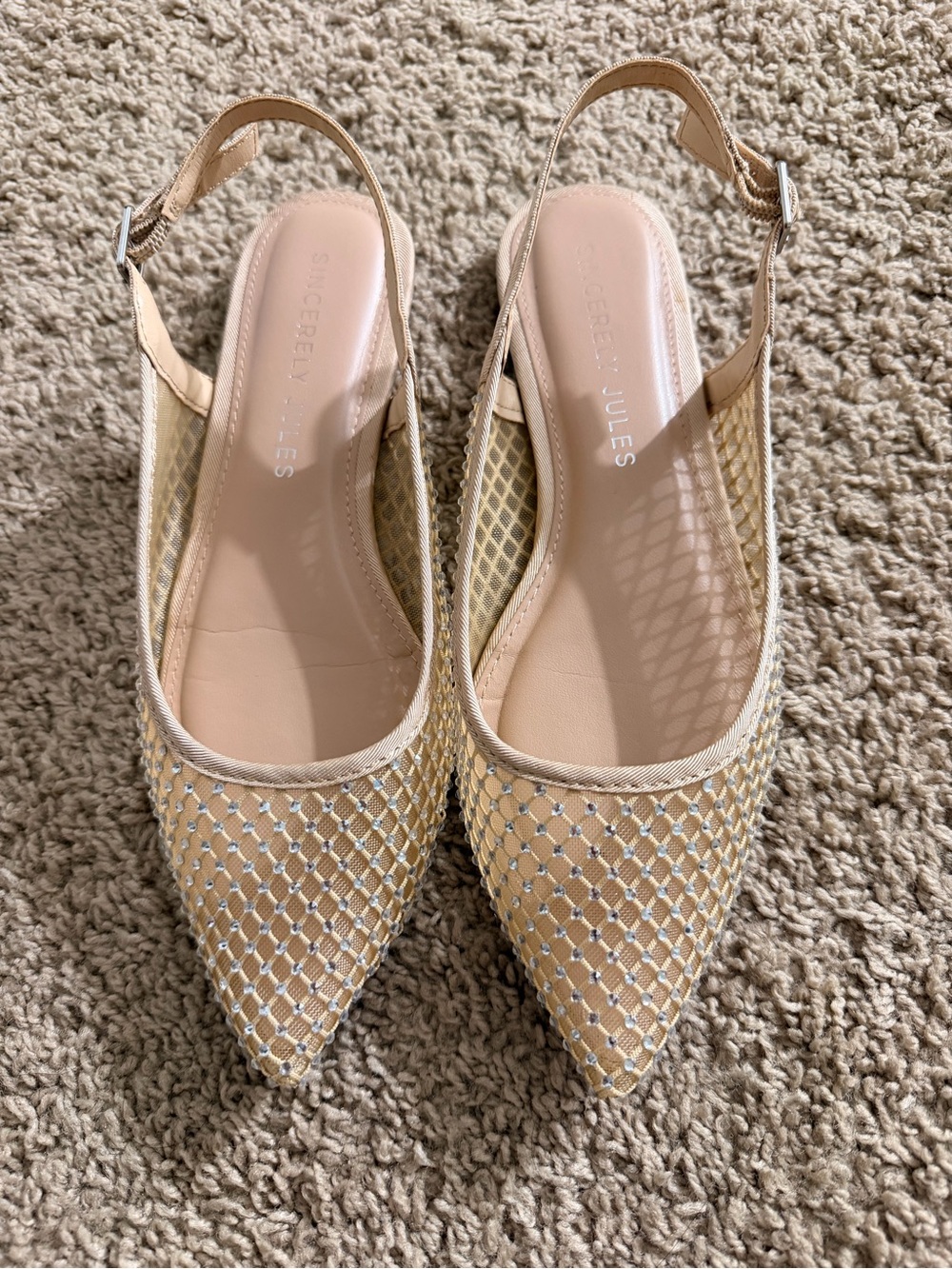Sincerly Jules Neutral Beige Mesh Rhinestone Pointed Slingback Flats
